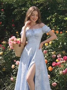 SHEIN MOD Cold Shoulder Petal Sleeve Ruched Bust Slit Ditsy Floral Dress Picnic Wedding Light Blue Floral Summer Cottagecore Romantic Garden Tea Party - Blue - View 4