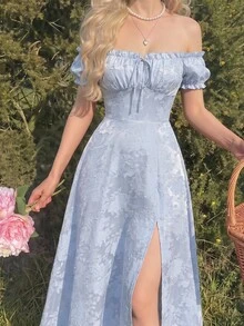 SHEIN MOD Cold Shoulder Petal Sleeve Ruched Bust Slit Ditsy Floral Dress Picnic Wedding Light Blue Floral Summer Cottagecore Romantic Garden Tea Party - Blue - View 2