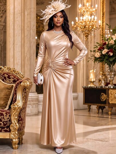 Fleurora Plus Size Women's Ruched Casual Elegant Party Cocktail Formal Dinner Dress Rose Gold Fall Dresses Sexy Night Outfit Luxury Evening Wedding Dress