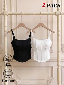 SHEIN MOD Women's Solid Color Fitted Versatile Daily Wear Camisole Tank Top 2pcs Everyday Black White Summer Casual Minimalist Modest Going Out - Black and White - View 3