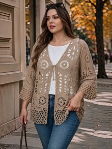 EMERY ROSE Plus Size Hollow Knit Lace-Up Thin Cardigan Fall - Camel - View 6
