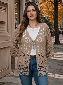 EMERY ROSE Plus Size Hollow Knit Lace-Up Thin Cardigan Fall - Camel - View 7