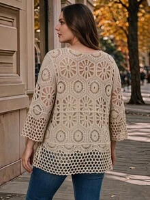 EMERY ROSE Plus Size Hollow Knit Lace-Up Thin Cardigan Fall - Camel - View 2