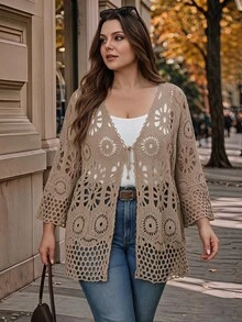 EMERY ROSE Plus Size Hollow Knit Lace-Up Thin Cardigan Fall - Camel - View 5