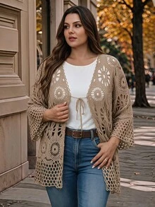 EMERY ROSE Plus Size Hollow Knit Lace-Up Thin Cardigan Fall - Camel - View 3