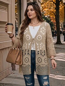 EMERY ROSE Plus Size Hollow Knit Lace-Up Thin Cardigan Fall - Camel - View 1