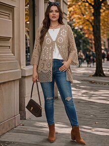 EMERY ROSE Plus Size Hollow Knit Lace-Up Thin Cardigan Fall - Camel - View 4