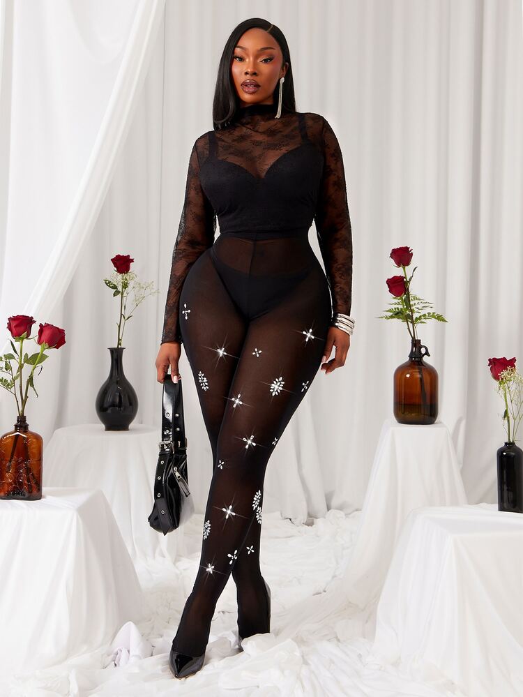 Radiana Solid Color Rhinestone Decor Sheer Leggings - Black - View 5