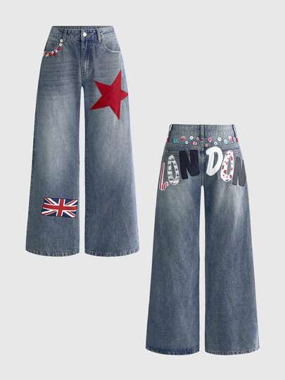 Y2K Millennium Retro Plaid Floral Patchwork Embroidered Flag Loose Casual Low Waist Women's Jeans