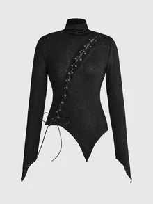 ROMWE Women's Knitted Top With Drawstring High Neck Asymmetrical Hem Goth Autumn/Winter Base Layer - Black - View 8