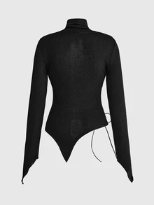 ROMWE Women's Knitted Top With Drawstring High Neck Asymmetrical Hem Goth Autumn/Winter Base Layer - Black - View 9