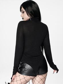 ROMWE Women's Knitted Top With Drawstring High Neck Asymmetrical Hem Goth Autumn/Winter Base Layer - Black - View 2