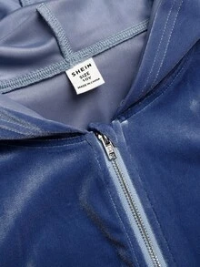 SHEIN 大童女孩大號亮鑽背後連帽天鵝絨運動衫喇叭褲套裝 秋冬款 - 藍色 - 查看 6