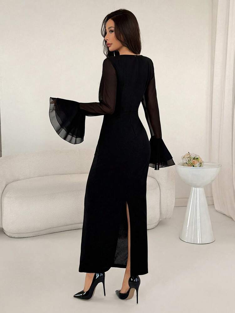 Modelyn فستان نسائي أسود أنيق للخريف مزين بخرز مال، شيفون بأكمام واسعة، فستان محتشم برقبة مربعة ضيق الجسم، مناسب للحفلات والسهرات والزفاف الربيعي - الأسود - مشاهدة 2