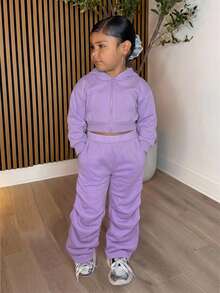 Young Girl Casual Grey Kids Knit Hooded Autumn Sweatshirt & Ruched Sweatpants Set (Small) - Purple - View 4