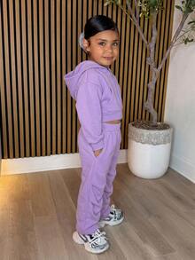 Young Girl Casual Grey Kids Knit Hooded Autumn Sweatshirt & Ruched Sweatpants Set (Small) - Purple - View 6
