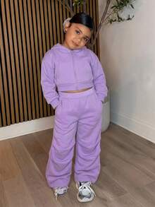 Young Girl Casual Grey Kids Knit Hooded Autumn Sweatshirt & Ruched Sweatpants Set (Small) - Purple - View 3