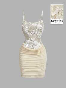 SHEIN MOD Women's Fashion Party Club Night Out Sequin Contrast Mesh Spaghetti Strap Mini Dress White Sexy Autumn Party Formal Dress Chic Evening Dress - Apricot - View 3