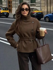 Firerie Women's Solid Color Stand Collar Long Sleeve Casual Commute Overcoat - Brown - View 1