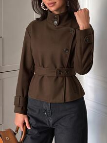 Firerie Women's Solid Color Stand Collar Long Sleeve Casual Commute Overcoat - Brown - View 8