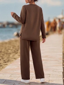 Faunlyn Women's Solid Color Round Neck Long Sleeve Pocket T-Shirt And Pants Casual Everyday Set Autumn Clothes For Women Winter Set Brown - Brown - View 3