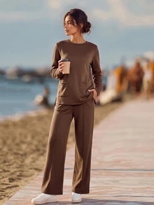 Faunlyn Women's Solid Color Round Neck Long Sleeve Pocket T-Shirt And Pants Casual Everyday Set Autumn Clothes For Women Winter Set Brown - Brown - View 4