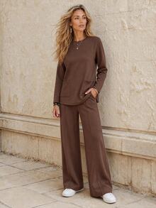 Faunlyn Women's Solid Color Round Neck Long Sleeve Pocket T-Shirt And Pants Casual Everyday Set Autumn Clothes For Women Winter Set Brown - Brown - View 2