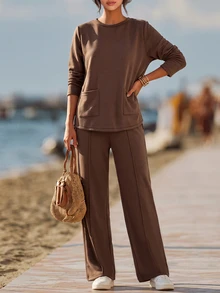 Faunlyn Women's Solid Color Round Neck Long Sleeve Pocket T-Shirt And Pants Casual Everyday Set Autumn Clothes For Women Winter Set Brown - Brown - View 8
