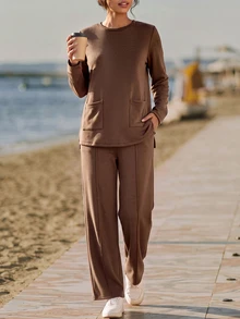 Faunlyn Women's Solid Color Round Neck Long Sleeve Pocket T-Shirt And Pants Casual Everyday Set Autumn Clothes For Women Winter Set Brown - Brown - View 6