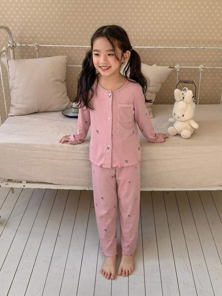 Dazy Kids 女童碎花长袖纽扣上衣和裤子睡衣套装 - 淺粉色 - 查看 1