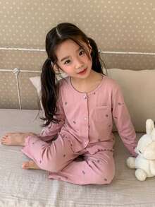 Dazy Kids 女童碎花长袖纽扣上衣和裤子睡衣套装 - 淺粉色 - 查看 5