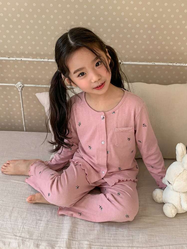 Dazy Kids Young Girl Ditsy Floral Long Sleeve Button-Up Top And Pants Pajama Set - Baby Pink - View 5