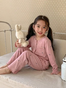 Dazy Kids 女童碎花长袖纽扣上衣和裤子睡衣套装 - 淺粉色 - 查看 6