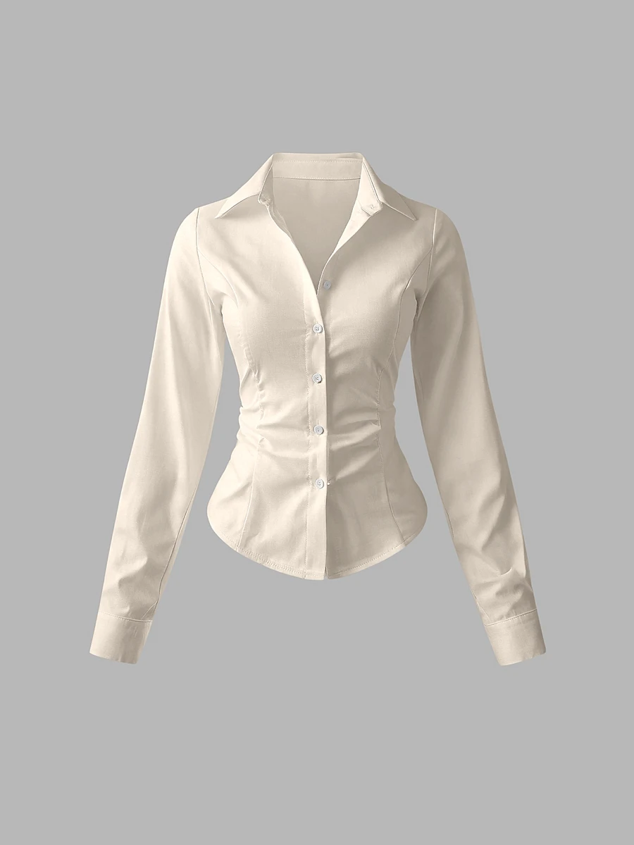 Elamini Women's Casual Versatile Solid Color Cinched Waist Shirt Fall Cloth For Women - Apricot - View 1