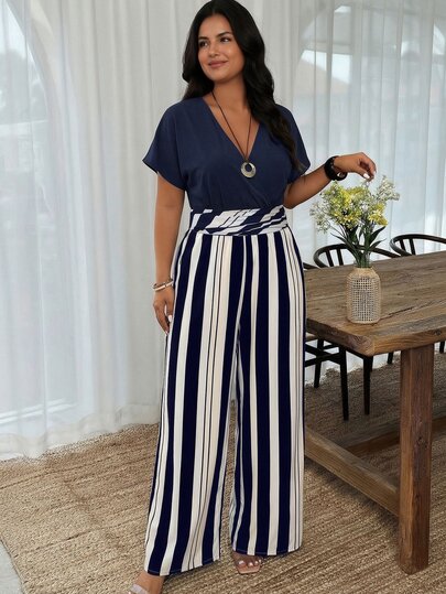 Weeklong Plus Size Women's Summer Matching Navy Blue Print Jumpsuit With Long Sleeves, Cinched Waist, Casual Elegant Vacation Style Evening Formal Elegant