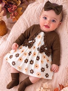 SHEIN Newborn Baby Girl 2 Pieces Set Dress, Pastoral Cute Patchwork Brown Floral Print Ruffle Bow Button Long Sleeve A-Line Dress With Bow Headband, Party - Multicolor - View 2