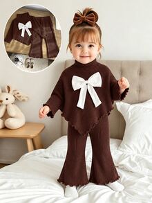 SHEIN 2pcs Toddler Girl Top And Pants Cute Sweet Brown White Bow Ribbed Lettuce Triangular Hem Long Sleeve Mock Neck Birthday Party Fall Sweaters Flare - Coffee Brown - View 1