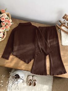 SHEIN 2pcs Toddler Girl Top And Pants Cute Sweet Brown White Bow Ribbed Lettuce Triangular Hem Long Sleeve Mock Neck Birthday Party Fall Sweaters Flare - Coffee Brown - View 2