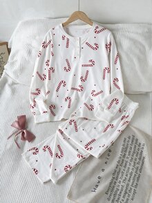 Teen Girl Casual Holiday Vacation Indoor Knit Polyester Digital Print Christmas Candy Cane Pattern Round Neck Button Ribbed Collar Long Sleeve Top Elastic Waist Long Pants Fashion Versatile Back To School Spring Autumn Winter Christmas Home Wear Set - White - View 4