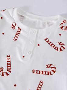 Teen Girl Casual Holiday Vacation Indoor Knit Polyester Digital Print Christmas Candy Cane Pattern Round Neck Button Ribbed Collar Long Sleeve Top Elastic Waist Long Pants Fashion Versatile Back To School Spring Autumn Winter Christmas Home Wear Set - White - View 6