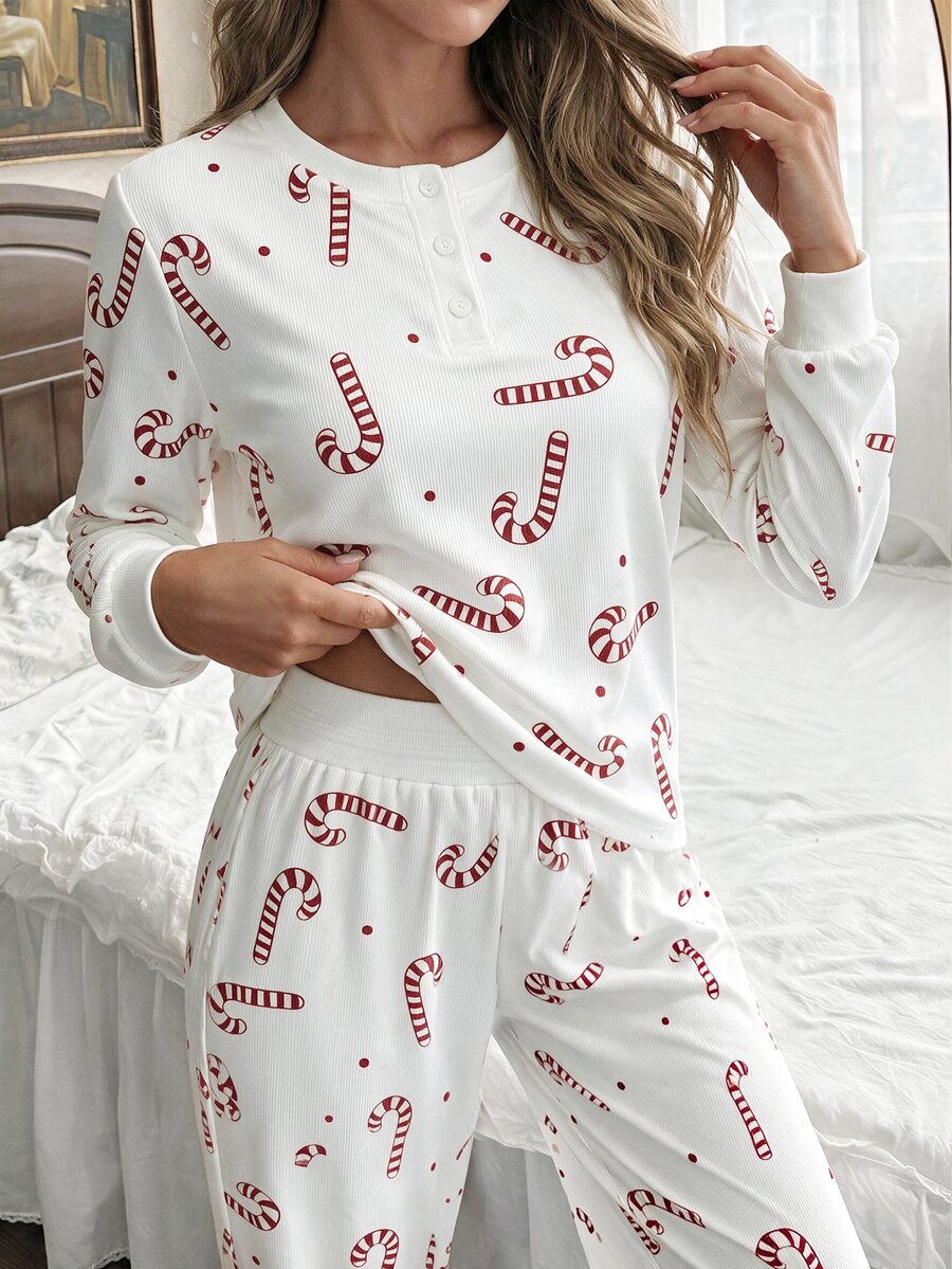 Teen Girl Casual Holiday Vacation Indoor Knit Polyester Digital Print Christmas Candy Cane Pattern Round Neck Button Ribbed Collar Long Sleeve Top Elastic Waist Long Pants Fashion Versatile Back To School Spring Autumn Winter Christmas Home Wear Set - White - View 1