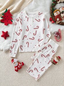 Teen Girl Casual Holiday Vacation Indoor Knit Polyester Digital Print Christmas Candy Cane Pattern Round Neck Button Ribbed Collar Long Sleeve Top Elastic Waist Long Pants Fashion Versatile Back To School Spring Autumn Winter Christmas Home Wear Set - White - View 3