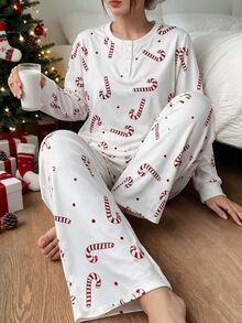 Teen Girl Casual Holiday Vacation Indoor Knit Polyester Digital Print Christmas Candy Cane Pattern Round Neck Button Ribbed Collar Long Sleeve Top Elastic Waist Long Pants Fashion Versatile Back To School Spring Autumn Winter Christmas Home Wear Set - White - View 5
