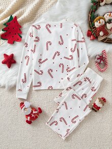 Teen Girl Casual Holiday Vacation Indoor Knit Polyester Digital Print Christmas Candy Cane Pattern Round Neck Button Ribbed Collar Long Sleeve Top Elastic Waist Long Pants Fashion Versatile Back To School Spring Autumn Winter Christmas Home Wear Set - White - View 2