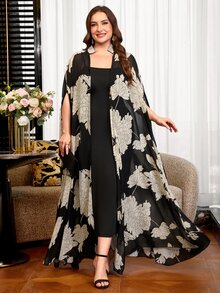 Reflora Plus Size Elegant Party Floral Print Robe 2pcs Set - Black - View 6