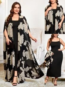 Reflora Plus Size Elegant Party Floral Print Robe 2pcs Set - Black - View 2