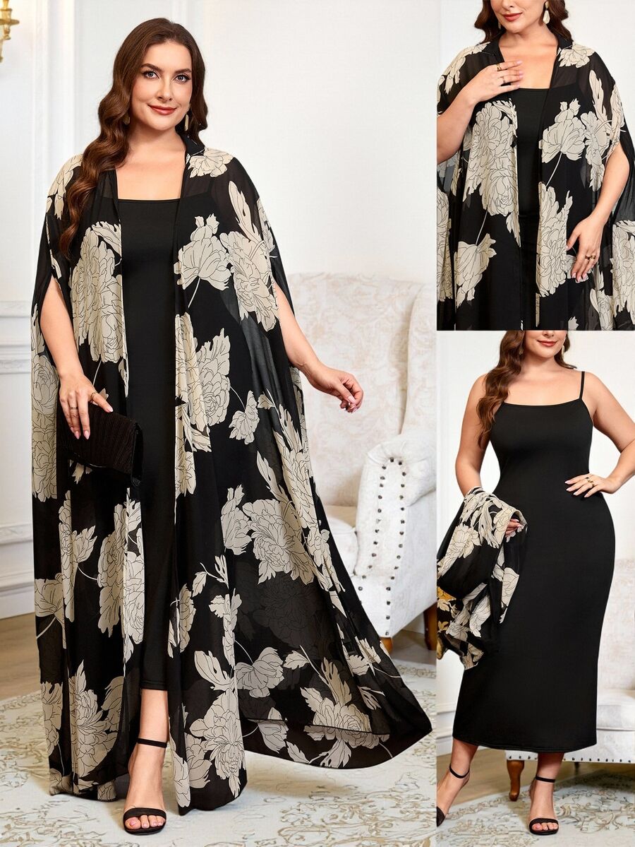Reflora Plus Size Elegant Party Floral Print Robe 2pcs Set