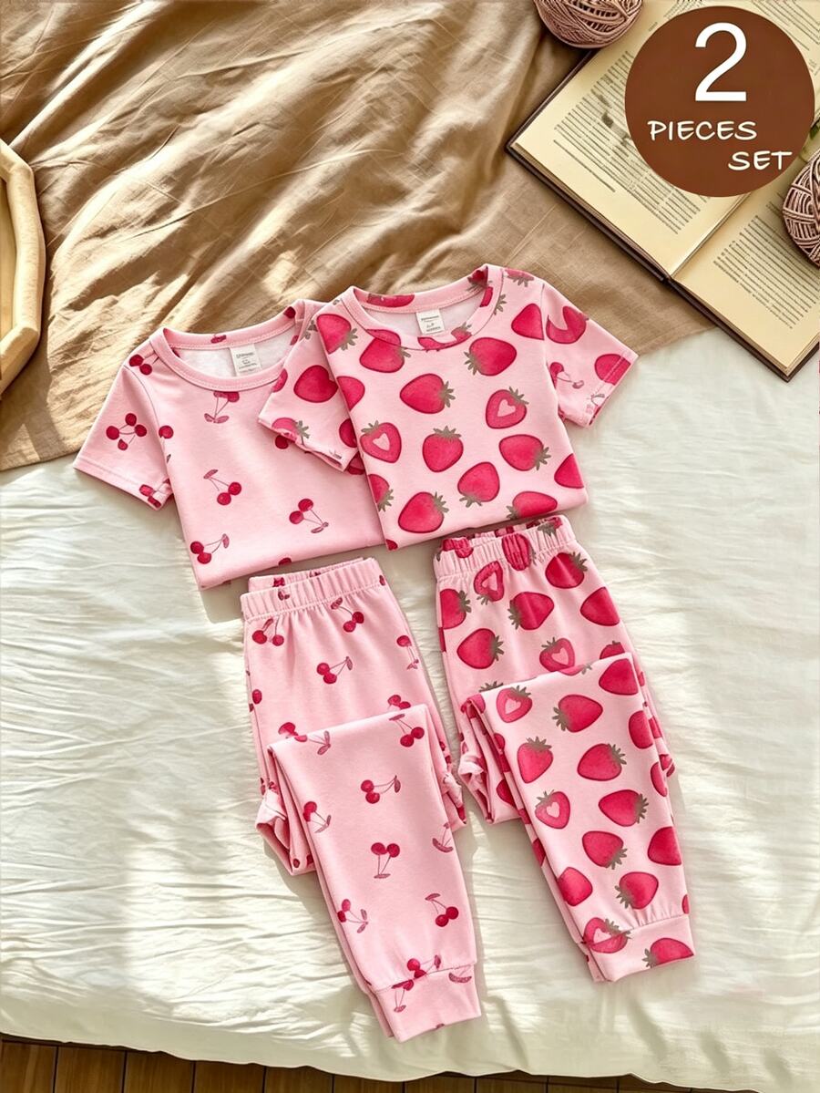 SHEIN 少女針織休閒極簡修身舒適圓領短袖長褲緊身居家服 4件組,適合春夏 - 彩色 - 查看 1