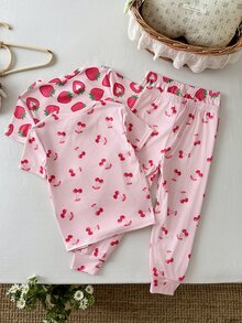 SHEIN 少女針織休閒極簡修身舒適圓領短袖長褲緊身居家服 4件組，適合春夏 - 彩色 - 查看 2