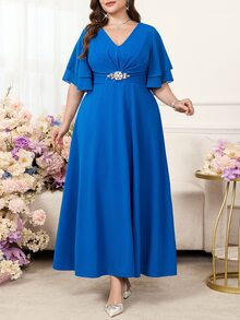Reflora 大码女式V领荷叶边袖水钻装饰优雅连衣裙 - 藍色 - 查看 4